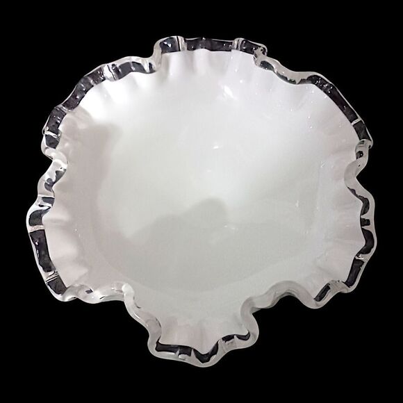 Fenton Silver Crest Compote Pedestal Dish Milk Glass Ruffled Edge Mid Century. - Picture 5 of 16